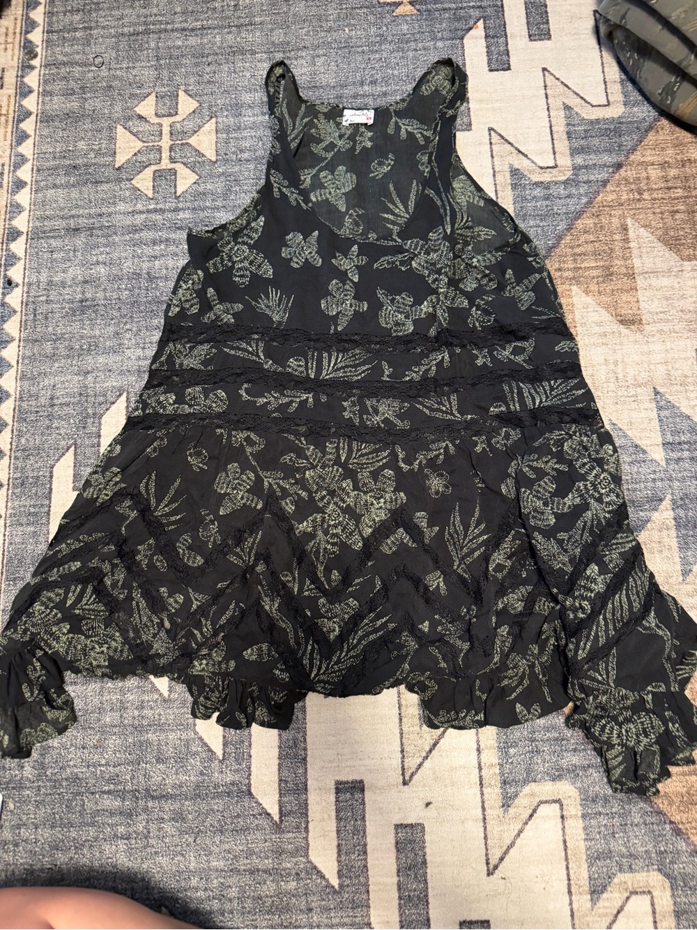Free People Black Tank Top with Green Floral Print